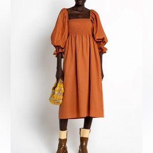 O.P.T Ahtena Dress Midi Linen Cotton Puff Sleeve Orange Size S